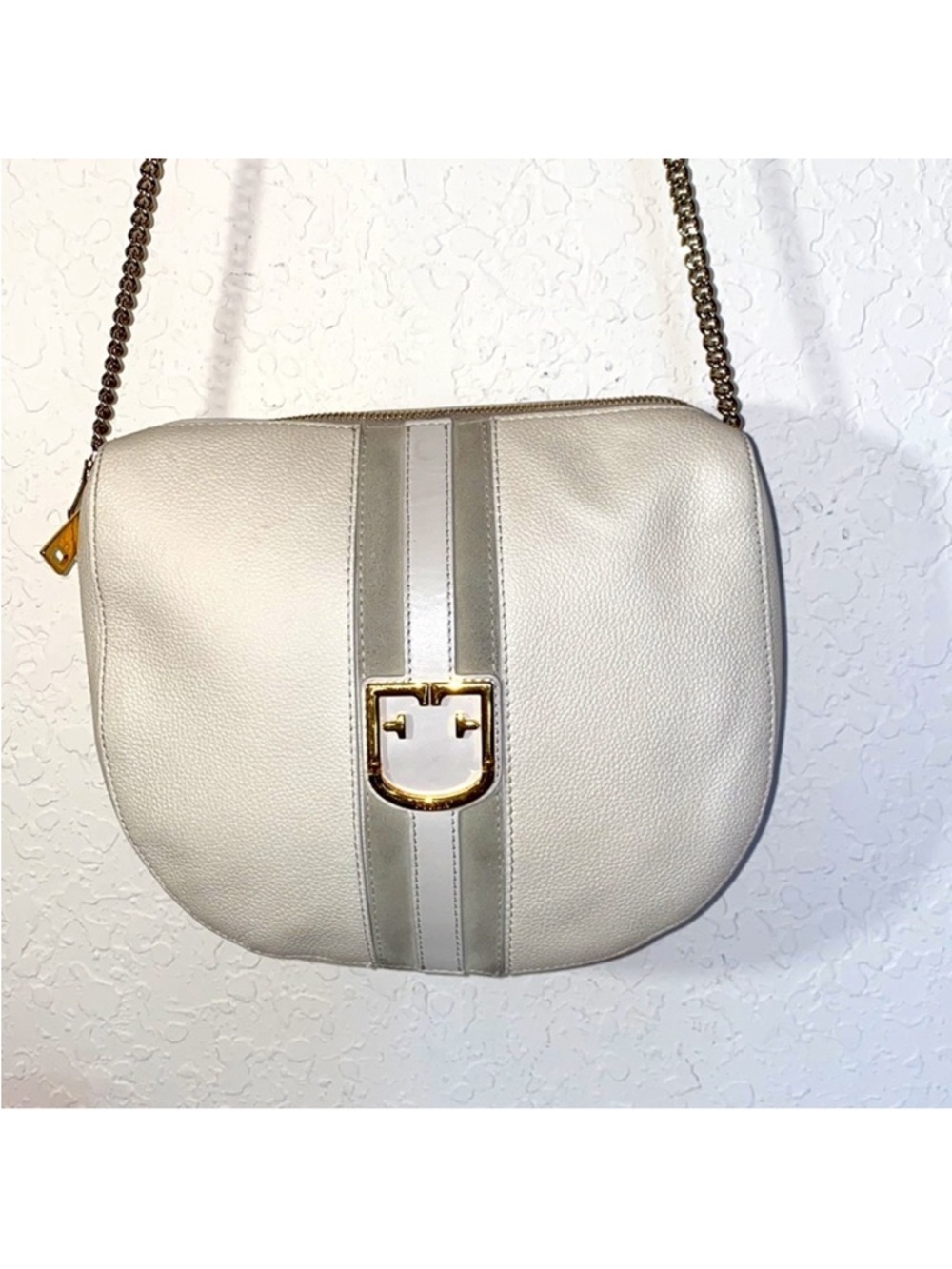 Furla rounded ivory with gray suede stripes crossbody pebbled leather handbag